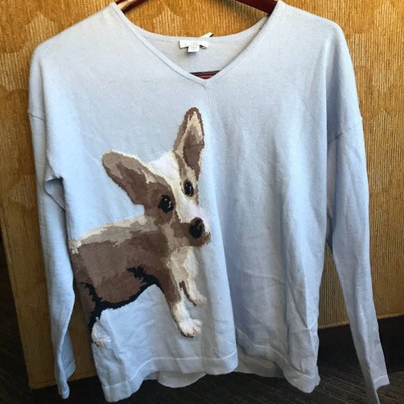 Blue Corgi Dog Sweater Pullover Vneck 